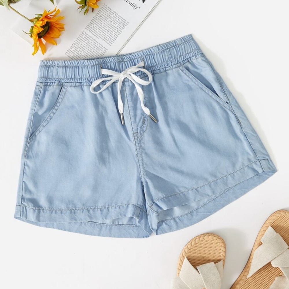 Drawstring boho shorts waist tie pockets soft casual dark blue - Picture 3 of 4